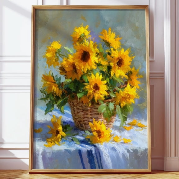 Vintage Sunflower Slow Living Summer Botanical Basket Art, Unframed Canvas 8x10in