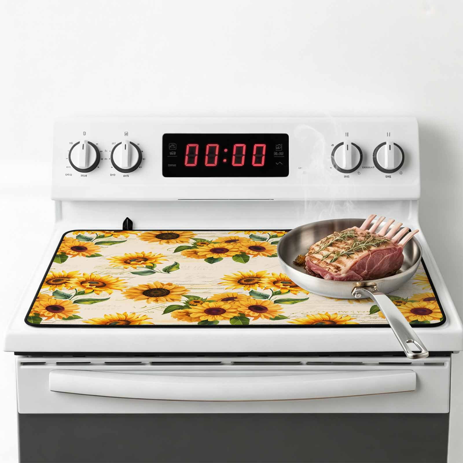 Vintage Sunflower Stove Top Cover for Electric Stove, Heat-proof & Non Slip Glass Top Stove Cover Protector, Yellow Flowers Summer Botanical Retro Art Kitchen Flat Cooktop Rubber Mat 24x21 Inches
