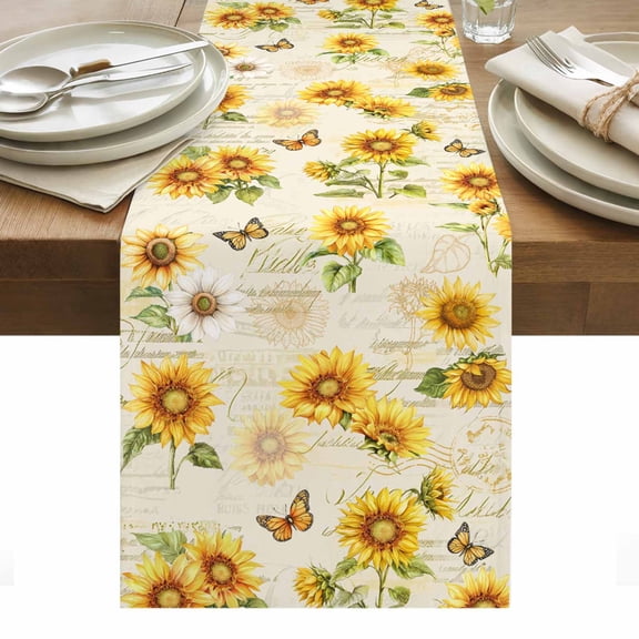 Vintage Sunflower Table Runner 13 x 36 Inch, Butterfly Newspaper Background Country Washable Cotton Linen Dining Table Runner Tabletop Decorations for Restaurant Home Kitchen Party