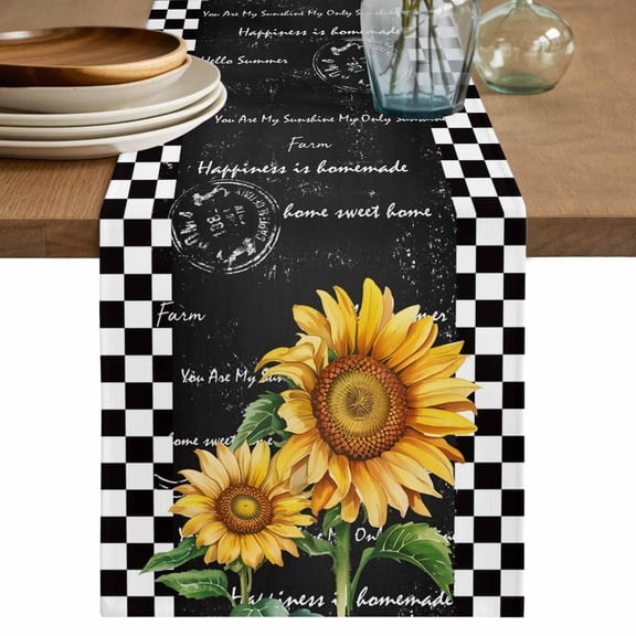 Vintage Sunflower Table Runner 48 Inches, Yellow Flowers Retro Art Black White Plaid Bed Runner Dresser Scarves Tabletop for Indoor Outdoor Parties/Ceremony/Banquet, 13" x 48"