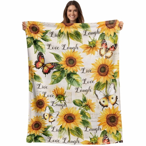 Vintage Sunflower Throw Blankets, Inspirational Quotes Live Love Laugh Soft Fleece Blanket Decorative for Home Sofa Couch Chair Living Bedroom, 30x40 Inches,