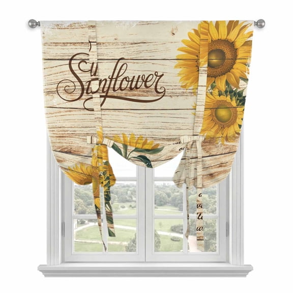 Vintage Sunflower Tie Up Curtains 45 Inches Long, Kitchen Window Curtains Over Sink, Flowers Botanical Wooden Retro Art Small Window Curtains Shade Balloon Curtains Valances for Bedroom/Cafe 34"x45"