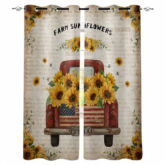 Vintage Sunflower Truck Blackout Curtains for Bedroom, Summer Botanical Pastoral Retro Art Thermal Insulated Kitchen Drapes with Grommets, Light Blocking Window Treatment, 2 Panels 52" x 84"