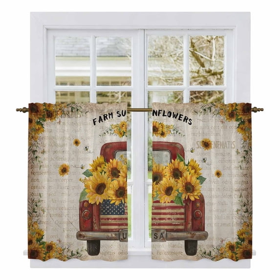 Vintage Sunflower Truck Kitchen Curtain for Berdoom Living Room Cafe 45 Inch Length, Summer Botanical Pastoral Retro Tiers Curtains Light Filtering Drapes Window Treatment 2 Panels 52"Wx45"L