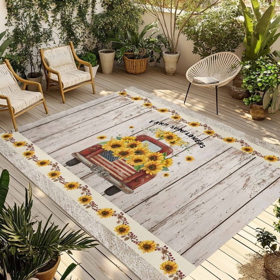 Vintage Sunflower Truck Outdoor Rug for Patio/Deck/Porch, Non-Slip Large Area Rug 5 x 8 Ft, Wooden Summer Botanical Floral Retro Indoor Outdoor Rugs Washable Area Rugs, Camping Rug Carpet Runner