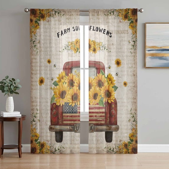 Vintage Sunflower Truck Sheer Curtains 63 Inch Length 2 Panels Set Window Treatments, Summer Botanical Pastoral Retro Art Rod Pocket Semi Curtains for Living Room/Bedroom/Kitchen Décor, 104"W x 63"L