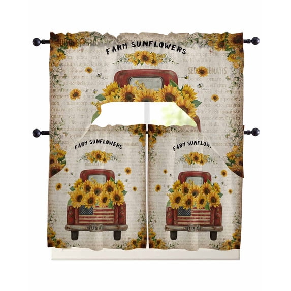 Vintage Sunflower Truck Swag Kitchen Curtains Sets for Windows 24 Inch Length, Summer Botanical Pastoral Retro Art Short Window Curtain Swags Valances and Tiers 3 Piece Set for Cafe/Dining Room