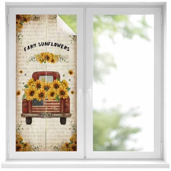 Vintage Sunflower Truck Window Privacy Film, Summer Botanical Pastoral Retro Art Static Cling UV Sun Blocking Heat Control Window Tint Day and Night, Non-Adhesive One Way Privacy Cover 17.7''x39.3''
