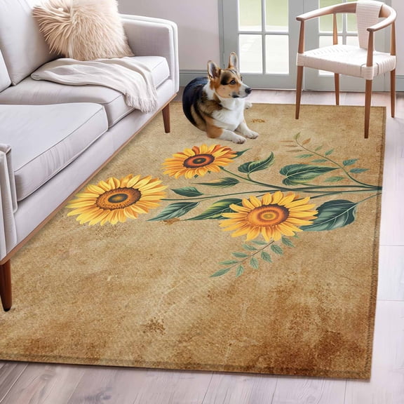 Vintage Sunflower Washable Area Rug 4x6 Flower Brown Botanical Country Low-Profile Large Area Rugs with Non Slip Backing Indoor Floor Carpet for Entrance Living Room Bedroom Home Office