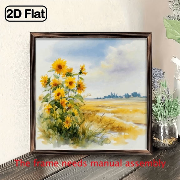 Vintage Sunflower Watercolor Painting Wall Art - Rustic Wood Frame Square Board Picture, Wood Sunflowers for Farmhouse Decor, Entrance, Living Room, Kitchen - Perfect Housewarming or Christma 1p