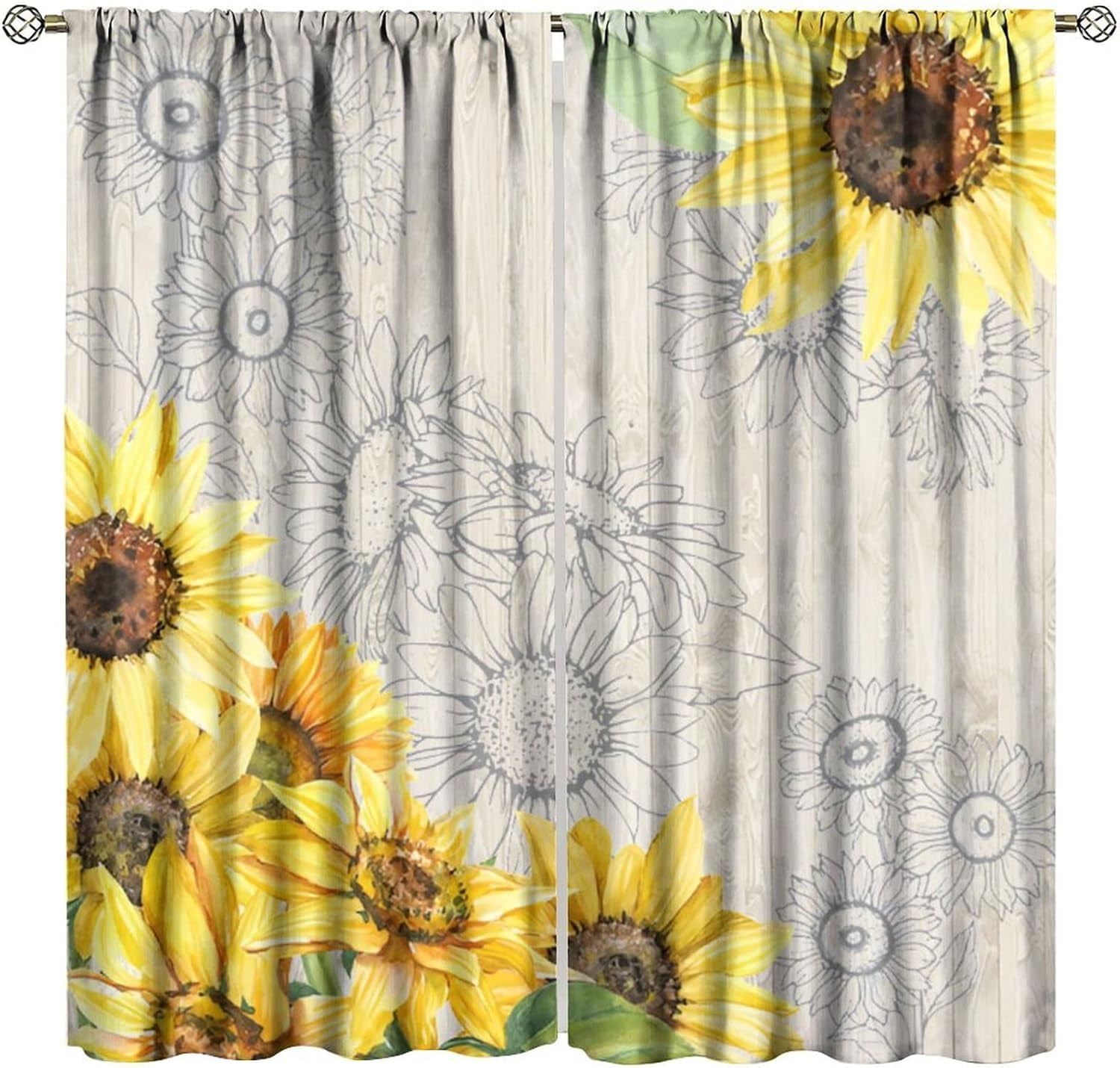 Vintage Sunflower Window Curtains,Rustic Farmhouse Summer Yellow Floral ...