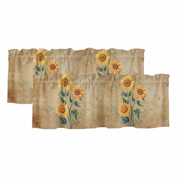 Vintage Sunflower Window Valance, Flower Brown Botanical Country 2 Pack Decorative Curtain for Small Windows, Light Filtering Valance with 3” Rod Pocket, 42"W x 12"L