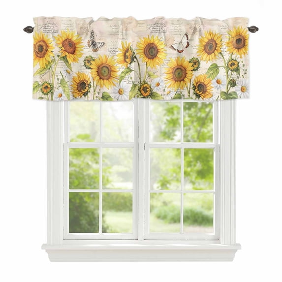 Vintage Sunflower Window Valance for Kitchen, Farmhouse White Yellow Flower Leaf Butterfly Rod Pocket Short Curtain for Small Windows, Light Filtering Decorative Valance, 60 x 14 Inch, 1 Panel