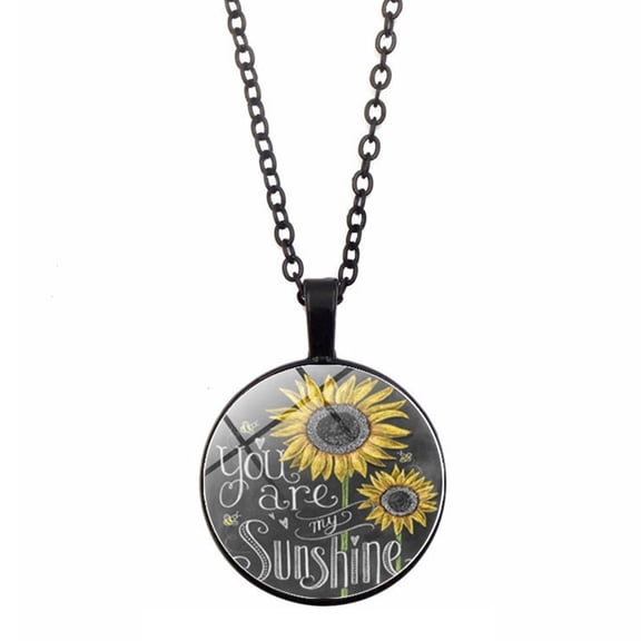 Vintage Sunflower You Are My Sunshine Cabochon Glass Chain Necklace Jewelry