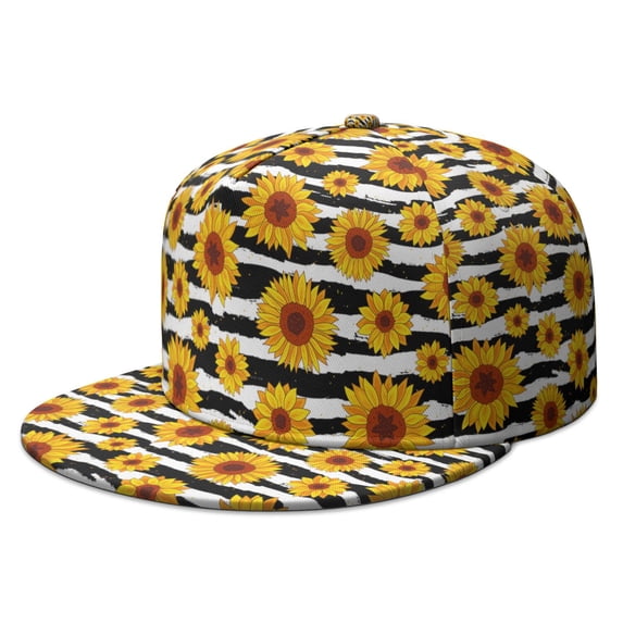 Vintage Sunflower and Butterfly Design Snapback Hat - Urban Style Flat Visor Cap - Watercolor Sunflower Artwork