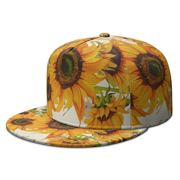 Vintage Sunflower and Butterfly Design Snapback Hat - Urban Style Flat Visor Cap - Watercolor Sunflower Artwork