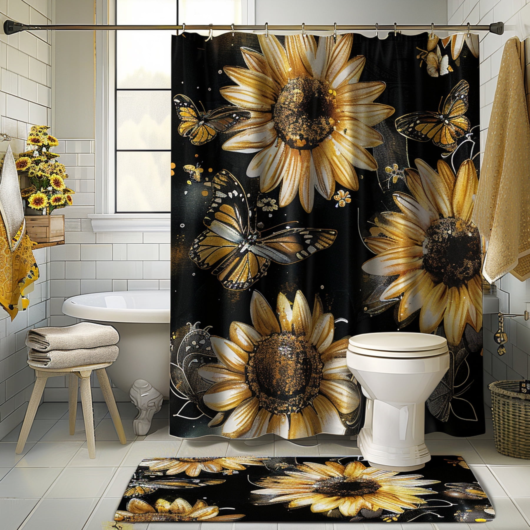 Vintage Sunflower and Butterfly Watercolor Bathroom Art Set Retro ...