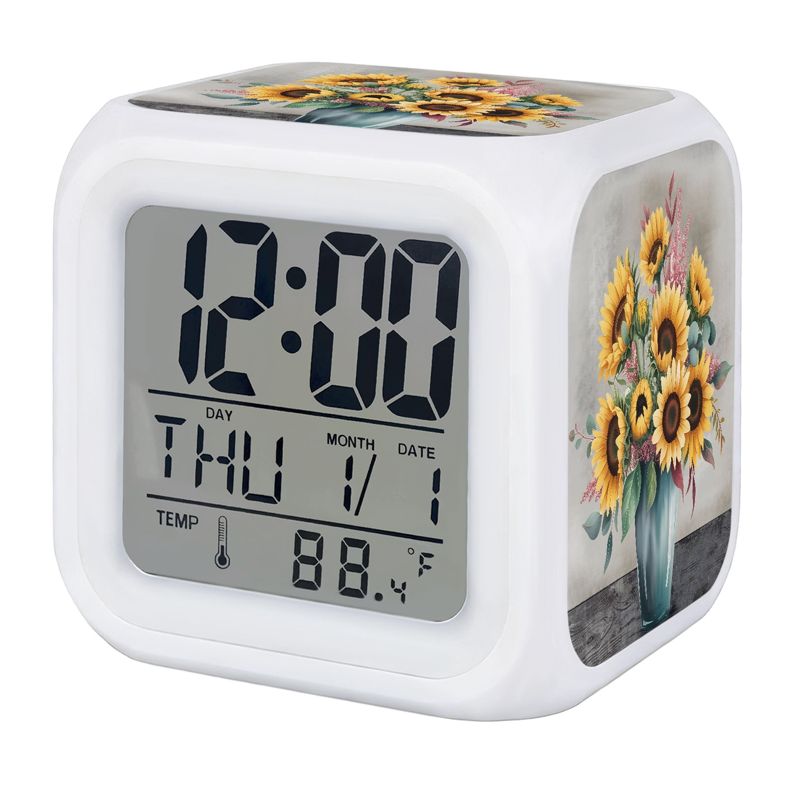 Extra Small Digital Clock Vintage Sunflowers Alarm Clock, Eucalyptus Leaves Vases Gray Background ...