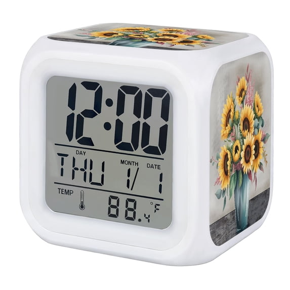 Light Color Retro Background Vintage Sunflowers Alarm Clock, Eucalyptus Leaves Vases Gray Background ...
