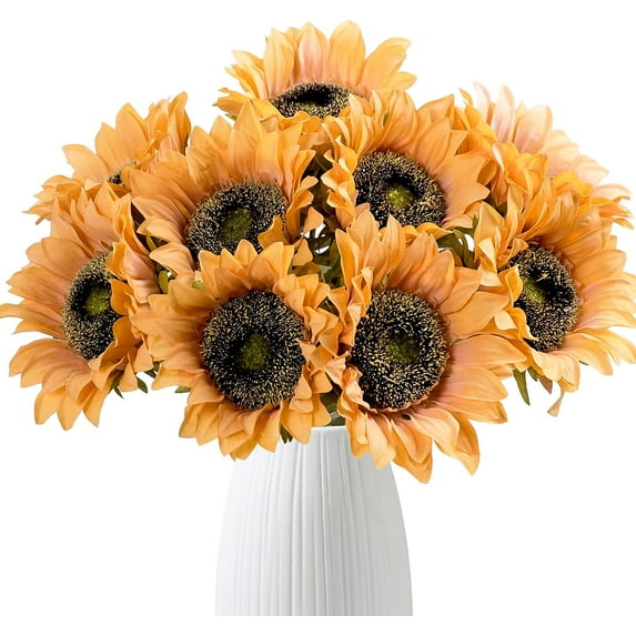 Vintage Sunflowers Artificial Flowers 7 Faux Silk Sunflowers Bouquet Fake Real Touch Long Stems Floral for Wedding Party Centerpieces Home Decoration(Autumn Yellow)