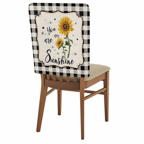 Vintage Sunflowers Chair Back Covers Set of 1, Black Plaid You Are My Sunshine Country Stretch Dining Chair Back Slipcovers Removable Seat Cover for Kitchen Restaurant Hotel Cafe