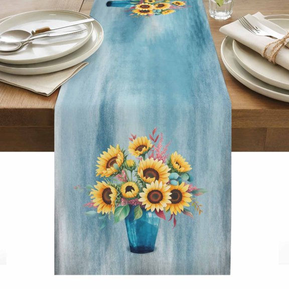 Vintage Sunflowers Cotton Linen Table Runner Eucalyptus Leaves Vases Blue Background Dining Table Runners for Home Decor Party Dining Room Restaurant Kitchen Party 13" x 48"