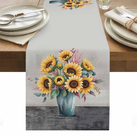 Vintage Sunflowers Cotton Linen Table Runner Eucalyptus Leaves Vases Gray Background Dining Table Runners for Home Decor Party Dining Room Restaurant Kitchen Party 13" x 36"