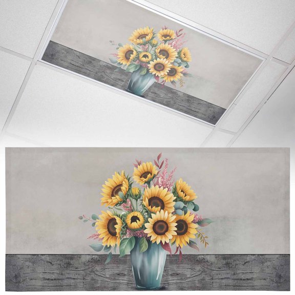 Vintage Sunflowers Fluorescent Light Covers Eucalyptus Leaves Vases Gray Background Magnetic Light Filters Ceiling Lighting Panel Shade for Classroom Office Home 2 x 4 ft, 1 Pack