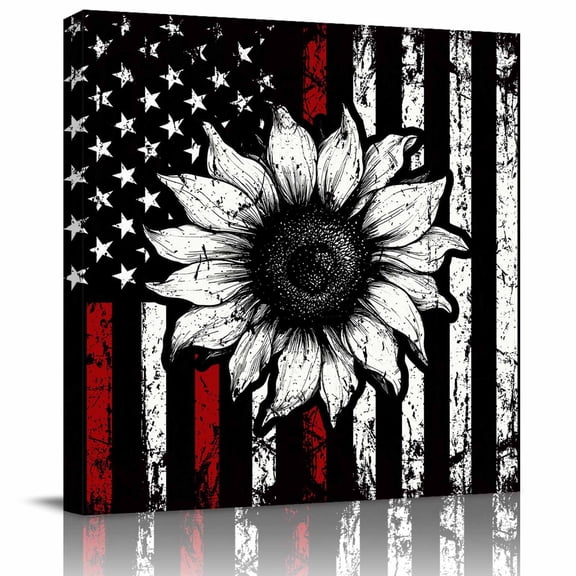 Vintage Sunflowers Framed Canvas Wall Art, Red Stripped Old U.S. Flag Retro Floral Wall Art Painting for Living Room Bedroom Home Decor, 24”x24”, Office Artwork Print