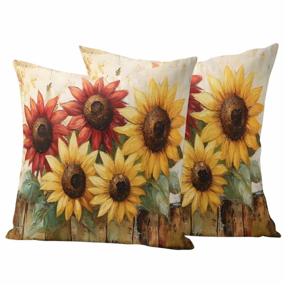 Vintage Sunflowers Outdoor Waterproof Pillow Covers, Summer Farmhouse Wooden Country Floral Decorative Square Throw Pillowcase Sofa Cushion Sham for Patio/Couch/Chair, 20"x20" 2 Pack
