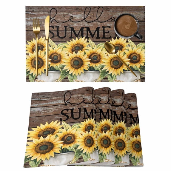 Vintage Sunflowers Placemats Set of 12 Summer Botanical Florals Wooden Grain Place Mats Indoor Wipeable Table Mats Washable Dining Table Placemats for Kitchen Holiday Party Home Decor 13x19 Inch
