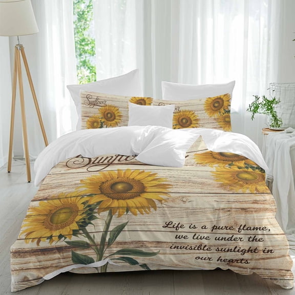 Vintage Sunflowers Queen Size Comforter Set, Yellow Floral Brown Distressed Wood Grain Bedding for All Seasons, 4 Pcs Bed Set, 1Quiltcover (90"x92") ,1Sheet(94"x116"), 2Pillowcases (30"x20")