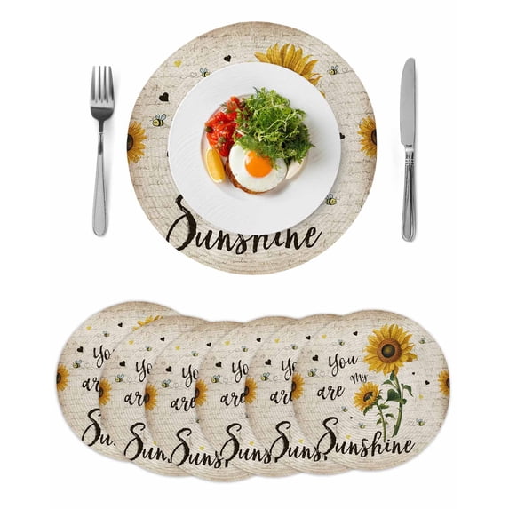 Vintage Sunflowers Round 13 Inch Placemats Set of 6, Spring Summer Retro Bees Yellow Floral HeatResistant Non Slip Place Mats for Dining Table, Wipeable Braided Kitchen Table Mats for Housewarming