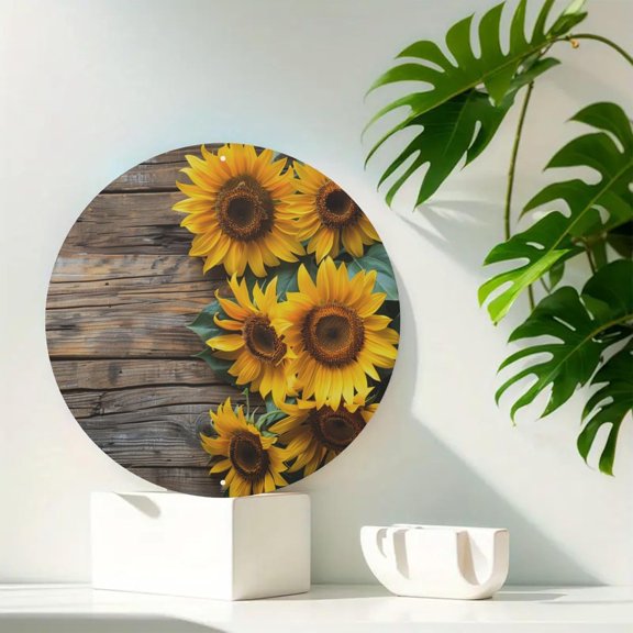 Vintage Sunflowers Round Aluminum Metal Decorative Sign 8 In, Circular Indoor Outdoor Wall Decor for Home Office Hotel and Commercial Spaces
