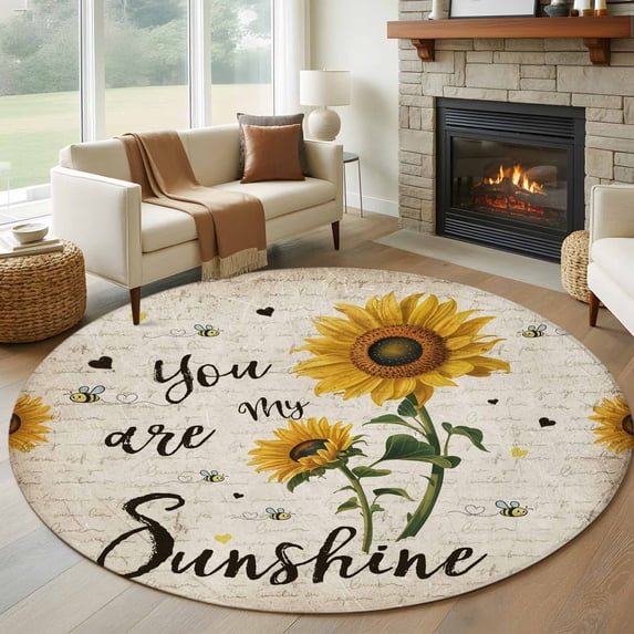 Vintage Sunflowers Round Area Rug 5Ft Washable Circle Rugs for Living Room Bedroom, Spring Summer Retro Bees Yellow Floral Non-Slip Carpet Floor Mats Indoor Outdoor Carpet Runner Aesthetic Home Decor