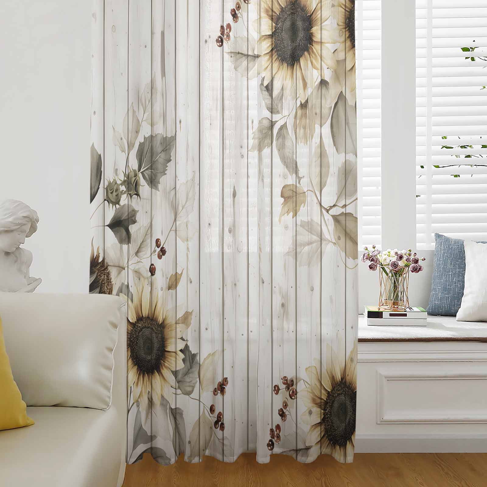 Vintage Sunflowers Semi Sheer Curtains Drapes for Living Room, Bedroom ...