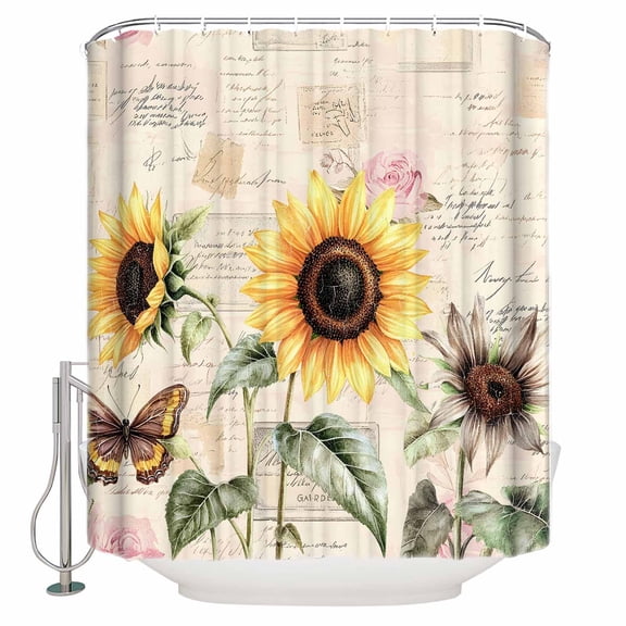 Vintage Sunflowers Shower Curtain, 36" x 72", Country Floral Pastoral Letter Background Waterproof Bathroom Curtain Washable Shower Curtain Set with 12 Hooks