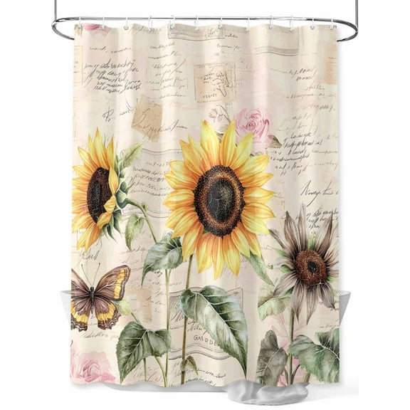Vintage Sunflowers Shower Curtain, Country Floral Pastoral Letter Background Waterproof Shower Curtain Set with 12 Hooks Lightweight Washable Fabric Shower Curtains for Bathroom 72x72 Inches