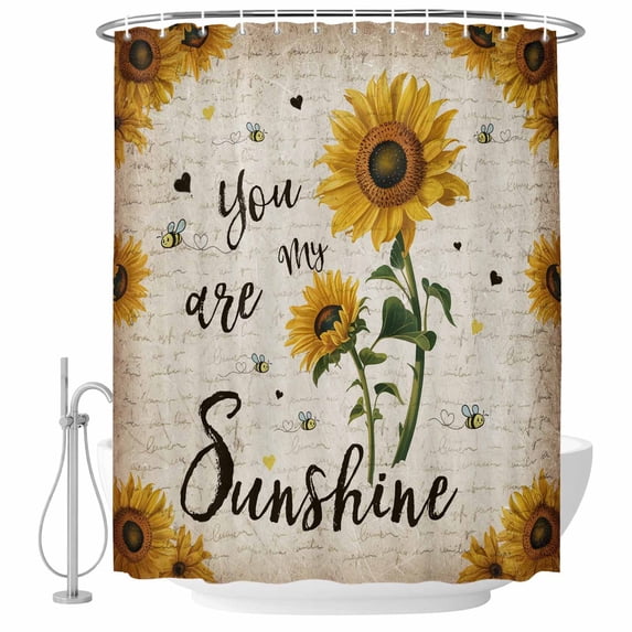 Vintage Sunflowers Shower Curtain, Waterproof Shower Curtains for Bathroom, Spring Summer Retro Bees Yellow Floral Washable Fabric Bathtub Curtain Set Bath Decor with 12 Hooks Standard 72"x72"