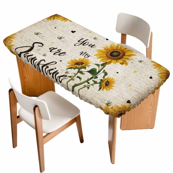 Vintage Sunflowers Table Cloths for 3 Foot Rectangle Tables, Spring Summer Retro Bees Yellow Floral Patio Waterproof Elastic Fitted Tablecloths, Washable Rectangular Table Cover for Camping