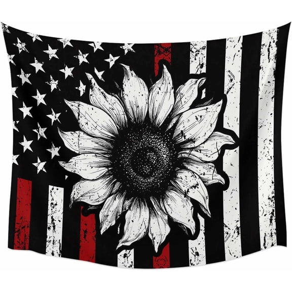 Vintage Sunflowers Tapestry Red Stripped Old U.S. Flag Retro Floral Wall Hanging Wall Tapestry for Bedroom Living Room Dorm Backdrop Home Decor 90x60 Inch