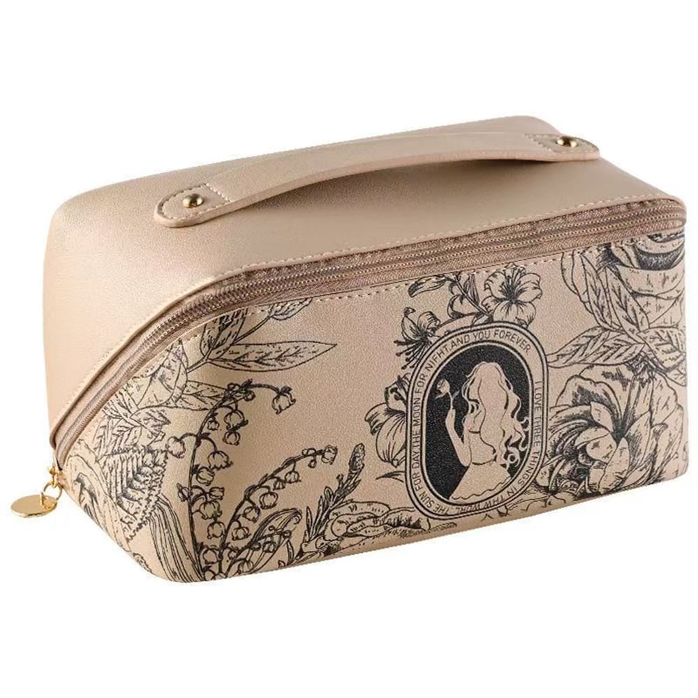 Brown Open Flat Cosmetic Makeup Bag, Woman's Travel Toiletry Bags Organizer Pouch With Dividers and Handle