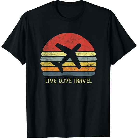 Vintage Sunset Airplane Travel Love World Travellers Live T-Shirt Black Large