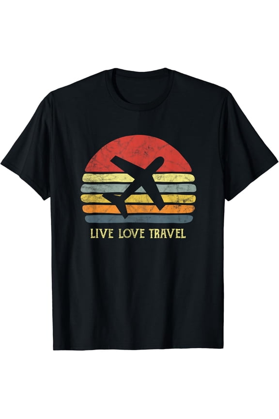 Vintage Sunset Airplane Travel Love World Travellers Live T-Shirt Black Small