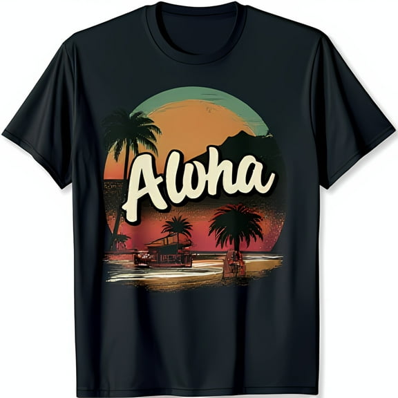 Vintage Sunset Beach Graphic Black T-Shirt with Aloha Design Retro Style