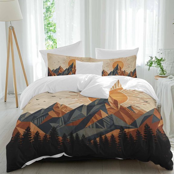 Vintage Sunset Comforter Set Queen Size, Orange Blue Mountain Forest Bird Nature Soft Bedding Set for Man Woman, 4 Pieces Duvet Cover Set with Fitted Sheet, 2 Pillowcases