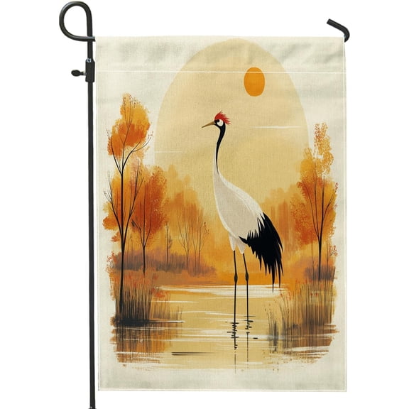Vintage Sunset Cranes Garden Flag 12x18 Inch Double Sided Forest Lake Scenery Burlap Lawn Flag for Outdoor Decor