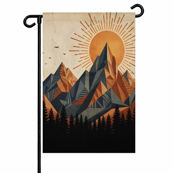 Vintage Sunset Garden Flag 28x40 Inch Orange Blue Mountain Forest Bird Nature Double Sided Small Decorative Garden Flags for Outside, Outdoor Yard Porch Lawn Decoration