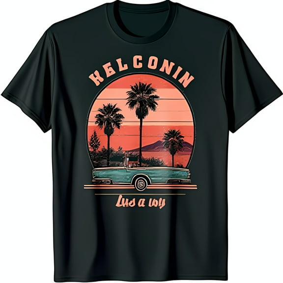Vintage Sunset Graphic Black T-Shirt with Classic Car & Trees