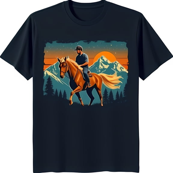 Vintage Sunset Graphic T-Shirt: Cowboy on Horse in Mountain Pass Dark Blue